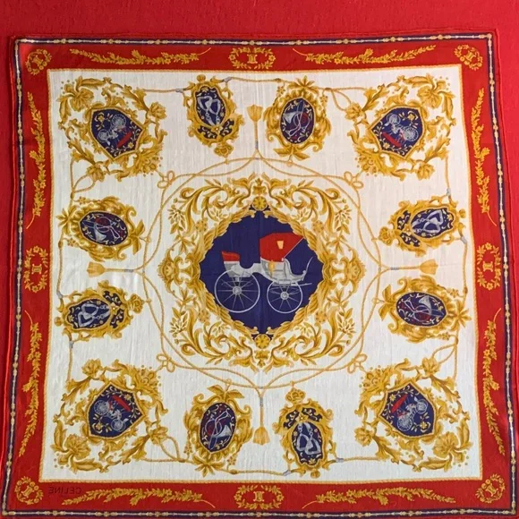 Celine Red, Blue and Gold Scarf with Carriage Motif - Picture 2 of 6